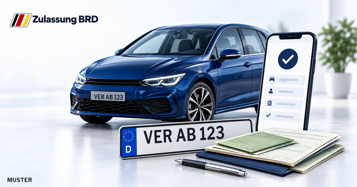 Online Fahrzeugzulassung in Langwedel: Musterkennzeichen VER AB 123, Auto und Fahrzeugpapiere und Smartphone. Illustration mit Logo von Zulassung BRD.